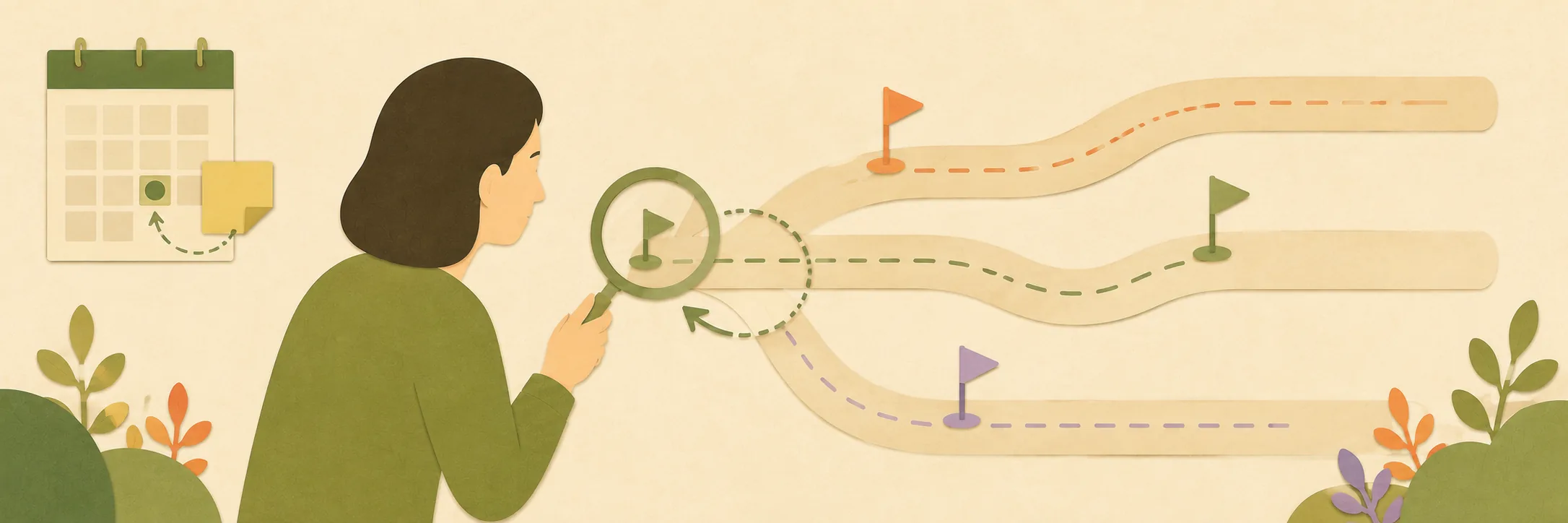人物在一條候選路徑旁進行小範圍嘗試，日曆保留回看點，其他選項仍可見。