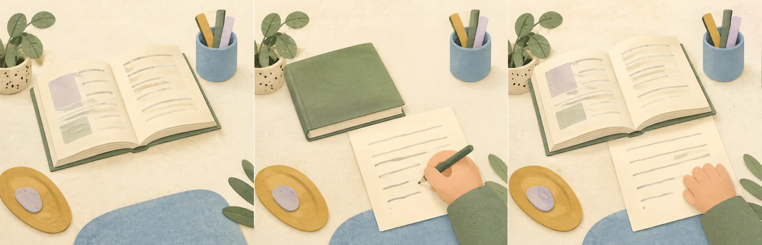 三個桌面閱讀階段，以書本與作答紙呈現主動提取和答案比對